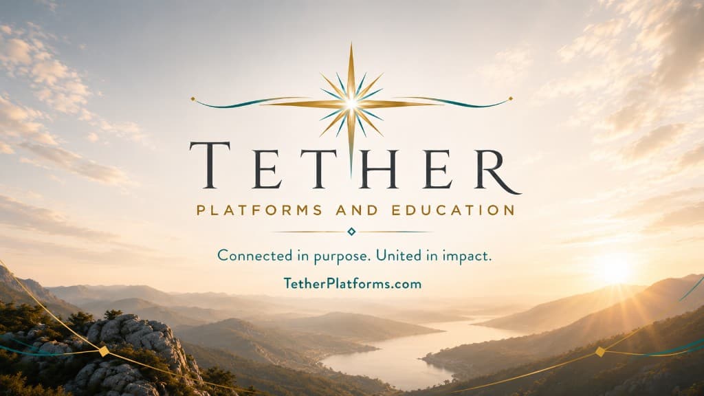 Tether brand artwork: a mountain valley at sunrise with the Tether star, wordmark, and the line Connected in purpose. United in impact.