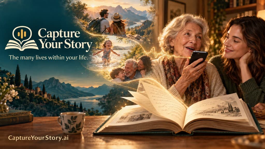 Capture Your Story brand graphic: an open memoir beside a grandmother and daughter looking at a phone, with glowing memory scenes.