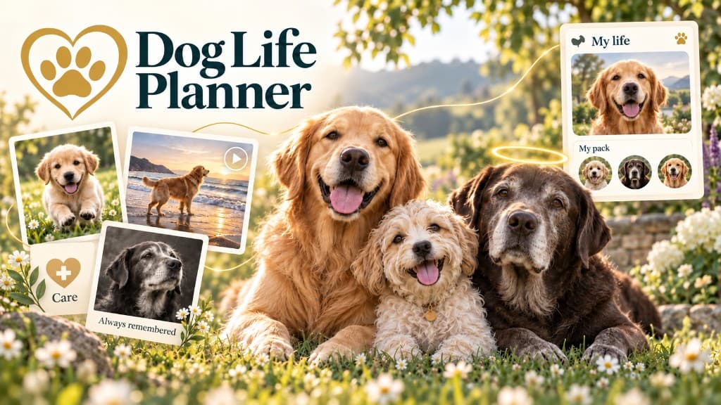 Dog Life Planner brand graphic: four dogs resting in a wildflower meadow beside photo cards from a pet life planner.