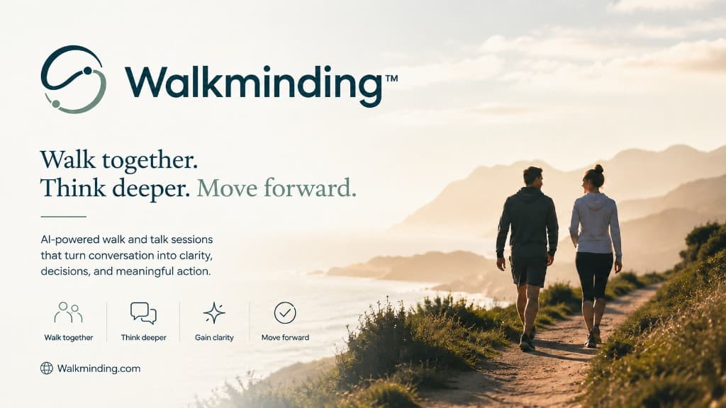 Walkminding brand graphic: two people walking a coastal path at sunrise with the Walkminding wordmark and the line Walk together. Think deeper. Move forward.